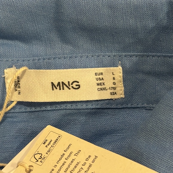 MNG Mango Frill Cotton Shirt Dress Blue Midi Linen Blend Tiered A-Line NWT-8 - Picture 8 of 10